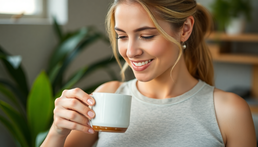 A healthy woman drinking protein coffee for metabolism