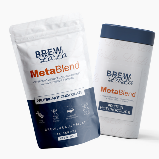 A pouch of BrewLaLa Protein Hot Chocolate with collagen peptides and matching tin.