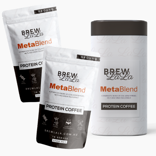 Two pouches of BrewLaLa Ground Protein Coffee with collagen peptides.