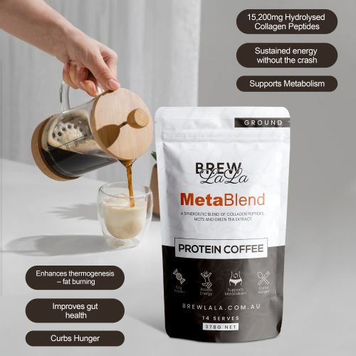 A pouch of BrewLaLa Ground Coffee with collagen peptides showing the benefits.