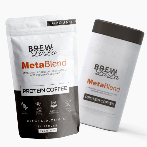 A pouch of BrewLaLa Ground Coffee with collagen peptides and a matching tin.