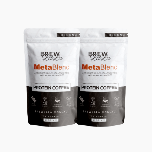 Two pouches of BrewLaLa Ground Coffee with collagen peptides.