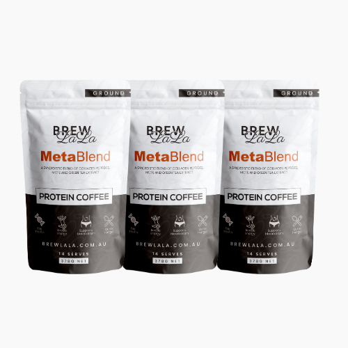 Three pouches of BrewLaLa Ground Coffee with collagen peptides.