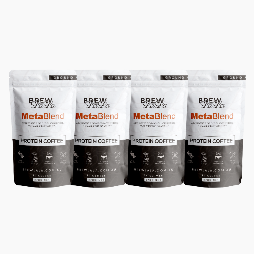 Four pouches of BrewLaLa Ground Coffee with collagen peptides.