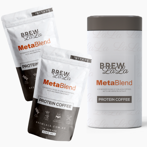 Two pouches of BrewLaLa Instant Protein coffee with collagen peptides.
