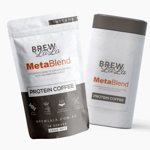 A pouch of BrewLaLa Instant Protein coffee with collagen peptides and matching tin.