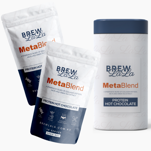 Two pouches of BrewLaLa Protein Hot Chocolate with collagen peptides and matching tin.